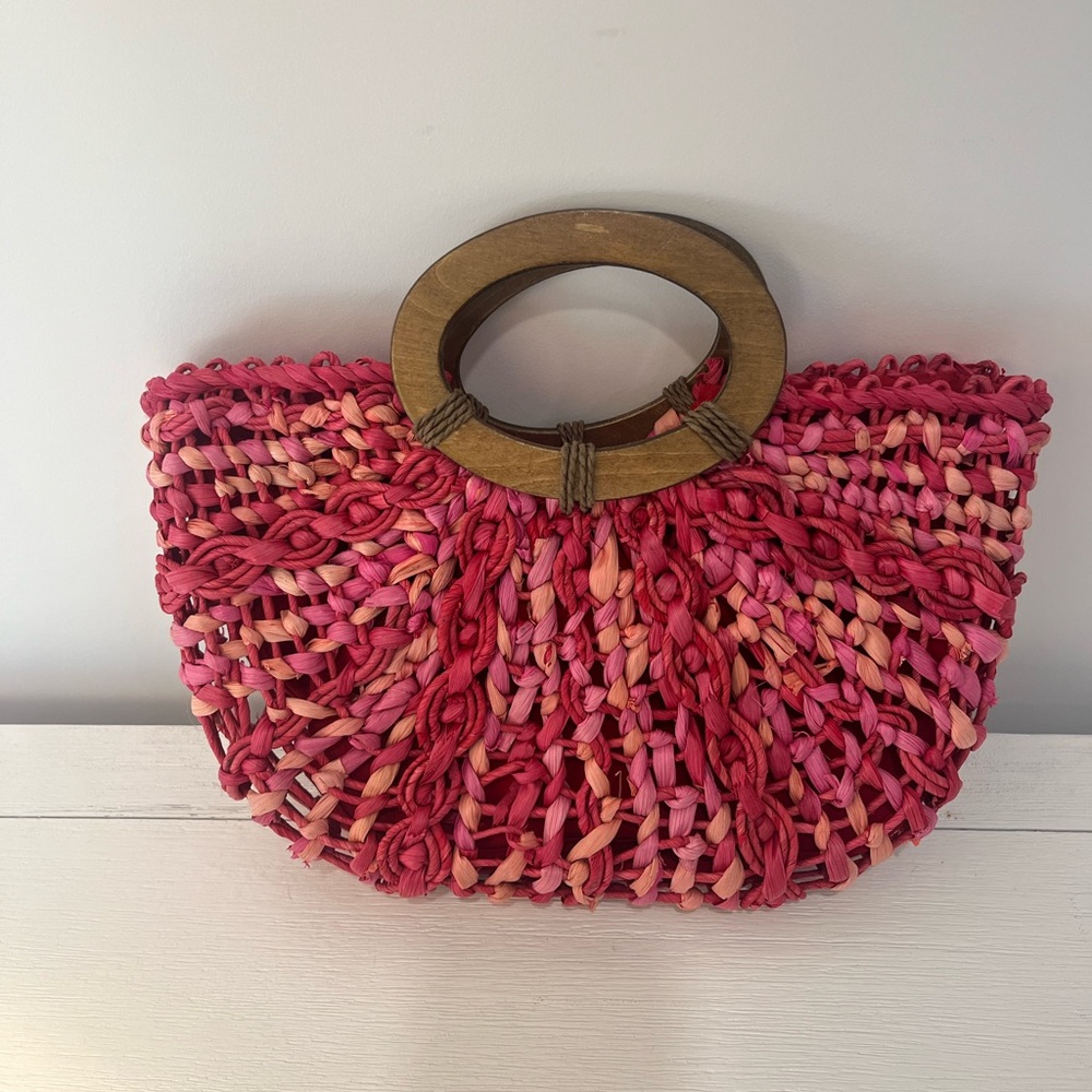 Coldwater Creek Pink Woven Bag with Wooden Handles - Picture 2 of 8